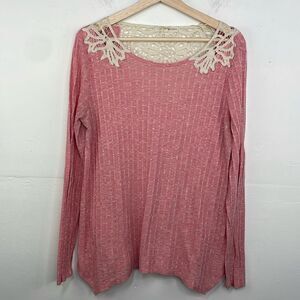 Rewind Boho Pink Crochet Detail Ribbed Long Sleeve top XL cottagecore
